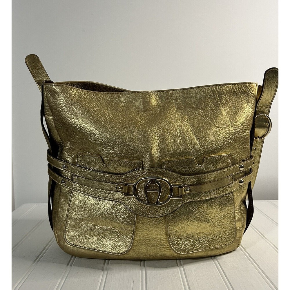 Fabulous Vintage ETIENNE AIGNER Shiny Gold Leather Shoulder Bag